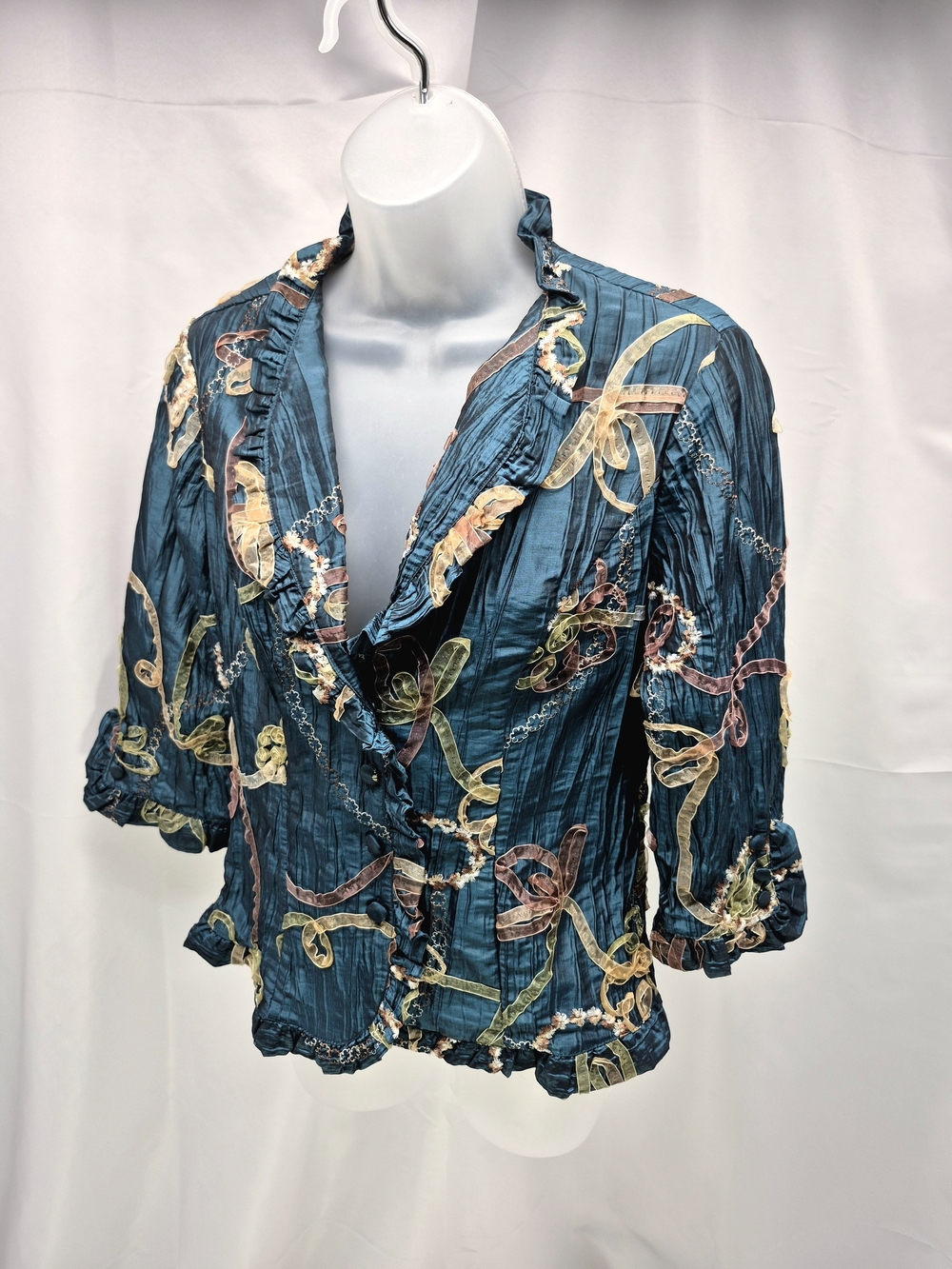 NWOT Agora Whimsy Teal Crinkle Ruffle Ribbon Applique Blouse Jacket S Whimsygoth